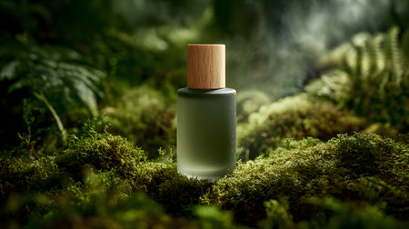 Green glass product bottle on green moss in forest. Selective focus. Eco products conceptの素材