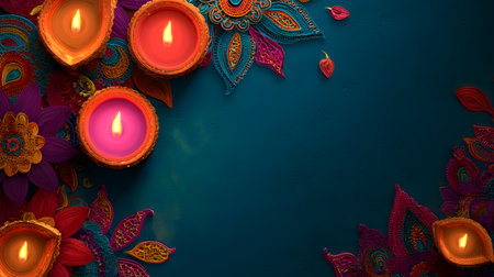 Indian festival Diwali, Diya oil lamps lit on colorful rangoli. Hindu traditional festival of lights. Copy space for text, top view, flat lay backgroundの素材