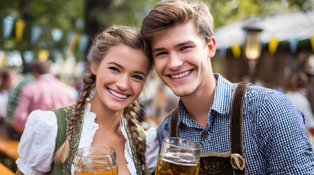 happy young couple in traditional Bavarian clothes drinking beer at the Oktoberfest at the beer gardenの素材