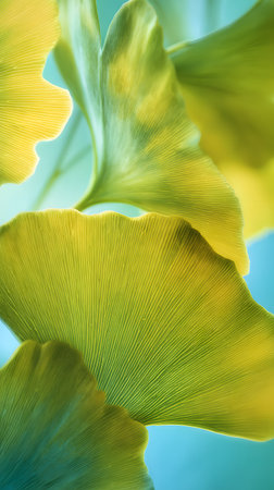 Ginkgo biloba leaves in the sunlight. Abstract background with blue and yellowの素材