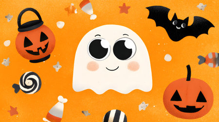 Illustration of a Halloween theme with ghosts, candies, and bats. Cute cartoon ghost and candies. Kid-friendly ghost characterの素材