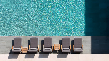 Swimming pool with sun loungers. View from above. luxury hotel resort. Aerial view of a luxury swimming poolの素材