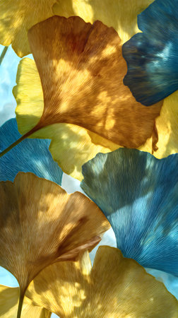 Ginkgo biloba leaves in the sunlight. Abstract background with blue and yellowの素材