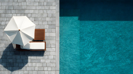 Aerial view of a beach chair by the swimming pool with sunlight and shadow at a luxury hotel resort. sun loungers and umbrellas. Summer vacation conceptの素材