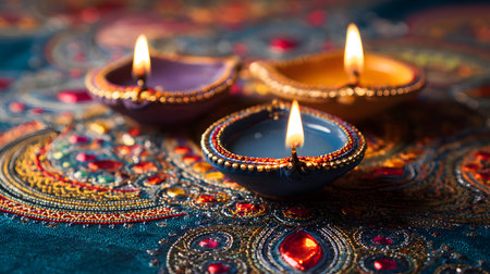 Indian festival Diwali, Diya oil lamps lit on colorful rangoli. Hindu tradition. Happy Deepavali. Copy space for textの素材