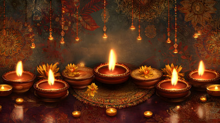 Indian festival Diwali background with diya lamps and floral ornamentsの素材