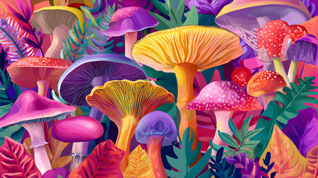 Flat illustration of autumn, vivid, colorful mushrooms background. flat illustration of different vivid mushrooms on a colorful background with leavesの素材