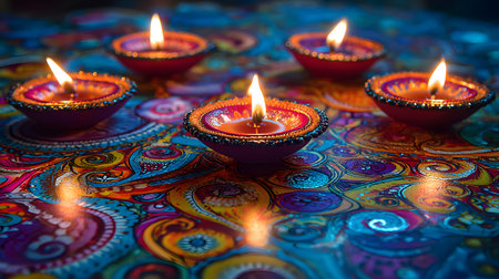 Happy Deepavali. Indian festival Diwali, Diya oil lamps lit on colorful rangoli. Hindu tradition. Copy space, selective focusの素材