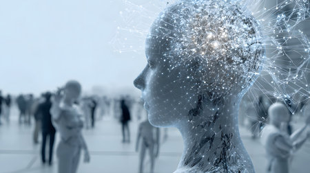 Double exposure of a human head and a social network concept. Robot humanoid face, artificial intelligence, and machine learning conceptの素材