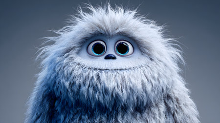 Funny yetty creature with blue eyes. Funny cartoon creature. Halloween monster with blue eyes and a blue fur coat.の素材