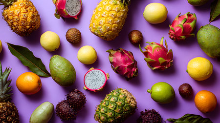 Tropical fruits on a purple background. Pineapple, dragon fruit, passion fruit, mango, kiwi, pitahaya, lime. Exotic fruits on the purple background, top view, flat layの素材