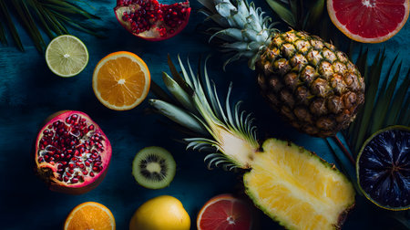Tropical fruits on a dark blue background. Pineapple, grapefruit, kiwi, orange, pomegranate, flat layの素材