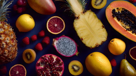 Tropical fruits on a dark blue background. Pineapple, grapefruit, kiwi, orange, pomegranate, flat layの素材