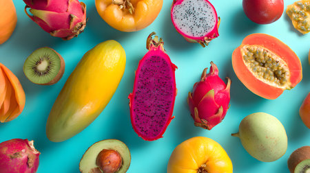 Variety of exotic fruits on blue background, flat lay. Colorful fruits and berries on blue background, top view, copy spaceの素材