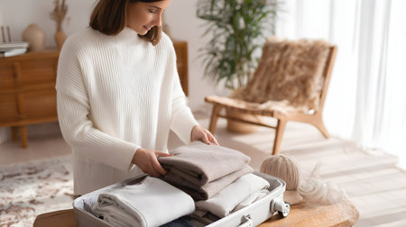 Young woman packing clothes into a suitcase at home, close-up. Cropped image of a young woman packing clothes into a suitcase in the living room. Close-up of hands, copy spaceの素材