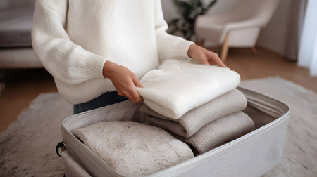 Young woman packing clothes into a suitcase at home, close-up. Cropped image of a young woman packing clothes into a suitcase in the living room. Close-up of hands, copy spaceの素材