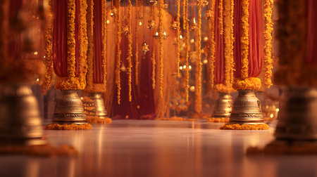 luxury faceless navratri festival background, golden temple bells and marigold garlands, saffron and red drapes with shimmering diyas, copy space pedestal for product placement, faceless cultural silhouettes in soft blurの素材