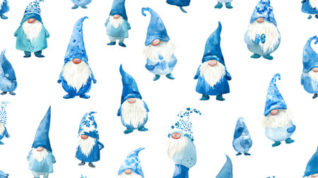 Watercolor Christmas pattern with a blue gnome on a white background. Watercolor illustration with cute gnomesの素材