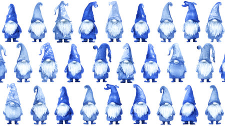 Watercolor Christmas pattern with a blue gnome on a white background. Watercolor illustration with cute gnomesの素材