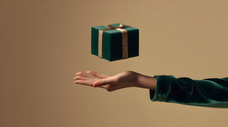Female hand and levitating green gift box on a brown background. Holiday concept. green velvet gift box with gold ribbon on a brown background with copy spaceの素材