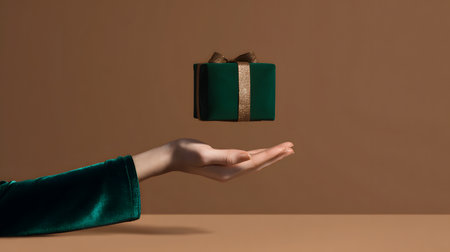 Female hand and levitating green gift box on a brown background. Holiday concept. green velvet gift box with gold ribbon on a brown background with copy spaceの素材