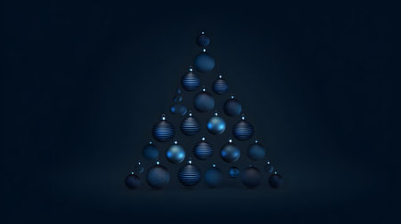 Christmas tree made of blue balls on a navy dark blue background. Christmas greeting card with geometric shapes creating a Christmas tree with copy space.の素材