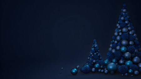 Christmas tree made of blue balls on a navy dark blue background. Christmas greeting card with geometric shapes creating a Christmas tree with copy space.の素材