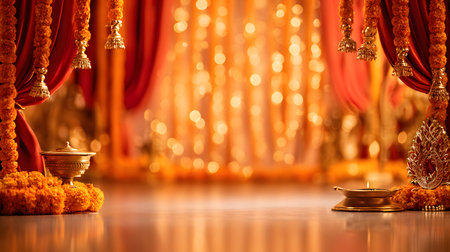 Navratri festival background, Buddhist religious ceremony in the temple, close-up. golden garlands and red background, selective focus, golden temple bells, and marigold garlandsの素材