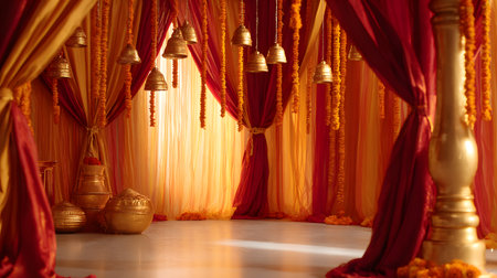 Navratri festival background, Buddhist religious ceremony in the temple, close-up. golden garlands and red background, selective focus, golden temple bells, and marigold garlandsの素材