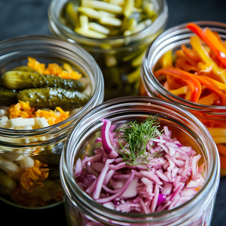 Variety of pickled vegetables in glass jars, top view. Jarred vegetable picklesの素材