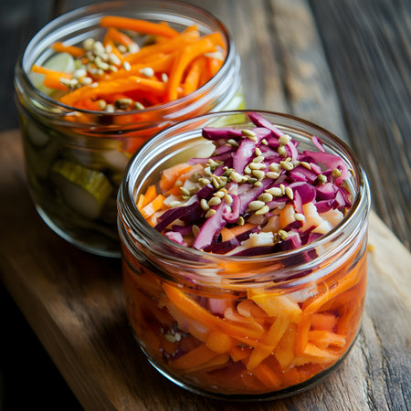 Vegetable salad with red cabbage, carrot, cucumber, onion and sesame seeds in a glass jar on a wooden background. Jarred vegetable picklesの素材
