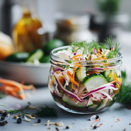 Vegetable salad with cucumber, onion, carrot and dill in a glass jar. Jarred vegetable picklesの素材