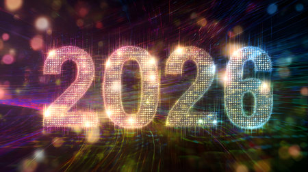 New Year's Eve background with numbers 2026 and bokeh lights. Sparkling colorful numbers 2026の素材