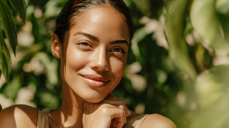 smiling young mixed race woman lookinthe g at camera a on green leaves backgroundの素材