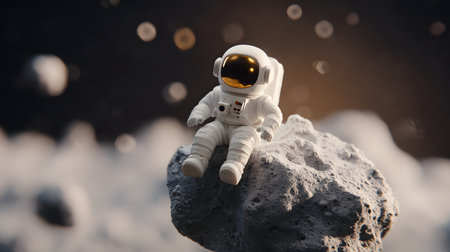 Miniature of an astronaut sitting on the rock. Space backgroundの素材