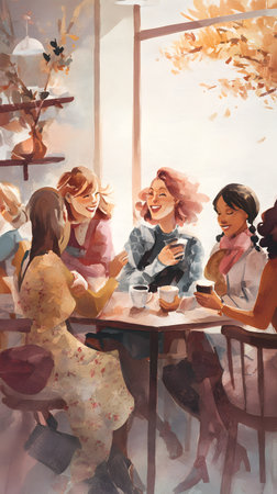 Illustration of a group of young women drinking coffee in a cafe. They are talking and laughing. Group of beautiful women sitting in a cafe, talking and drinking coffee. Woman power, friendship, networking concept. Friends cafe conversationの素材
