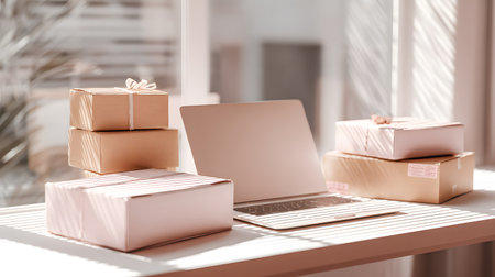 Boxes on the table in front of the laptop. Stack of pink gift boxes with a laptop on a white table at home. Gift boxes are on the table in front of a laptop. Online shopping conceptの素材