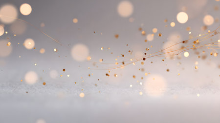Golden glitter on a white background. Festive abstract background with bokeh defocused lights. Christmas background with golden bokeh lights and glitter. silver, gold and whiteの素材