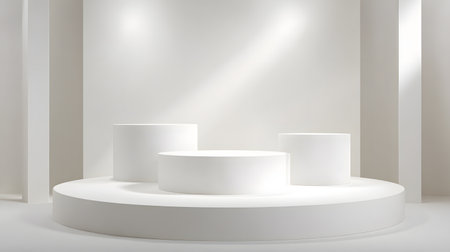 Minimalistic podium display. abstract minimal scene with a white podium for product presentation. minimal geometric background, white round podiumsの素材