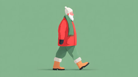 illustration flat style of a man with a beard in a winter coat walking on a green backgroundの素材