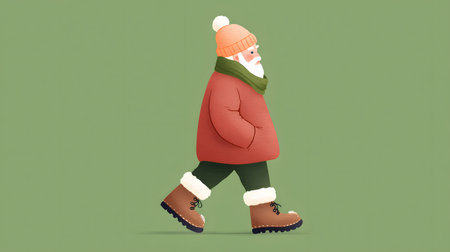 illustration flat style of a man with a beard in a winter coat walking on a green backgroundの素材