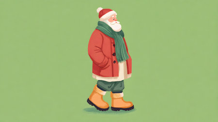 illustration flat style of a man with a beard in a winter coat walking on a green backgroundの素材