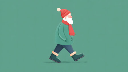 illustration flat style of a man with a beard in a winter coat walking on a green backgroundの素材