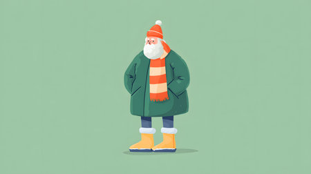 illustration flat style of a man with a beard in a winter coat standing on a green backgroundの素材