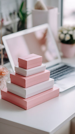 Stack of colorful gift boxes on a desk in front of a laptop. A laptop with a stack of cardboard boxes and gift boxes on a white table in an office near a windowの素材