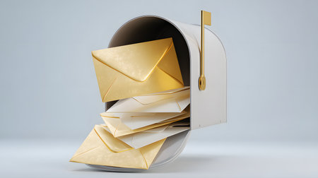 Open mail box with golden envelope on gray background. Mailbox with envelopes in front of a gray wallの素材