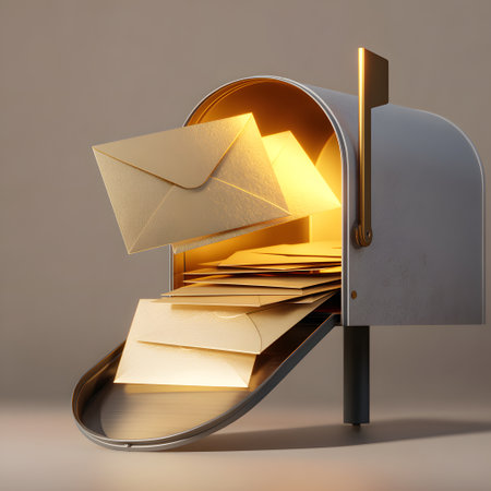 Open mail box with golden envelope on gray background. Mailbox with envelopes in front of a gray wallの素材