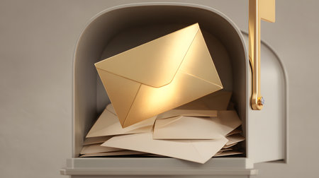 Open mail box with golden envelope on gray background. Mailbox with envelopes in front of a gray wallの素材