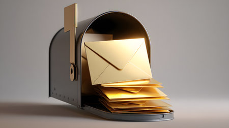 Open mail box with golden envelope on gray background. Mailbox with envelopes in front of a gray wallの素材