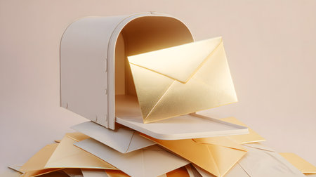 Open mail box with golden envelope on gray background. Mailbox with envelopes in front of a gray wallの素材